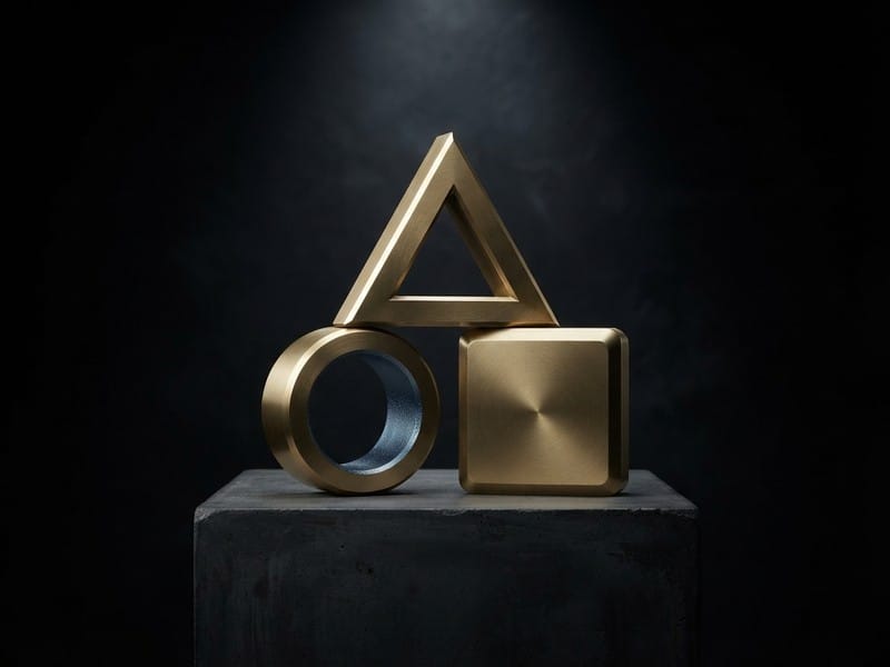 A collection of brass geometric shapes including a ring, a rounded square, and a hollow triangle balanced on top, resting on a dark rectangular pedestal against a dark background.