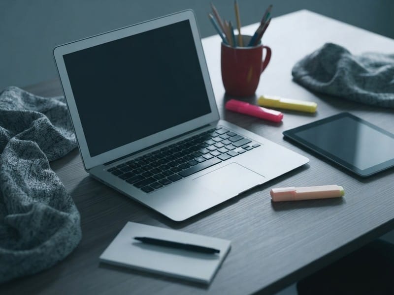 A wooden desk holding an open laptop, a tablet, highlighters, a notebook with a pen, a mug with pencils, and gray knit fabric.