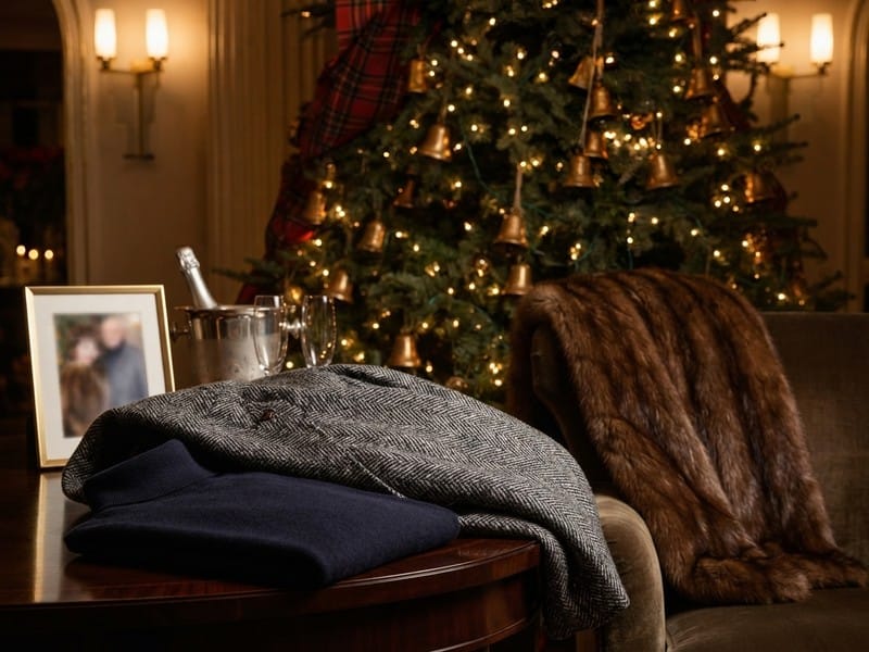 A folded turtleneck sweater and a herringbone jacket rest on a round wooden table in front of a champagne bucket, an armchair draped with a fur coat, and a decorated Christmas tree.