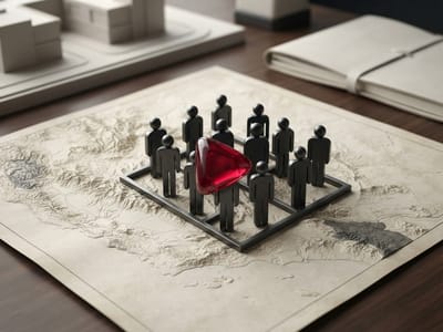 Small black human-shaped figurines arranged in a square grid frame on a raised topographic map, surrounding a translucent red triangular stone on a wooden table.