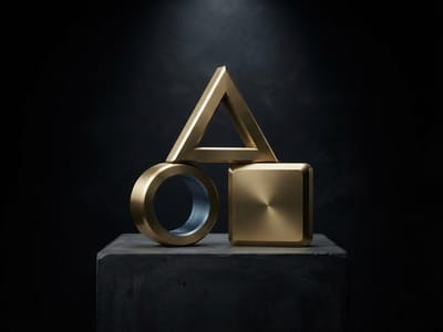 A collection of brass geometric shapes including a ring, a rounded square, and a hollow triangle balanced on top, resting on a dark rectangular pedestal against a dark background.