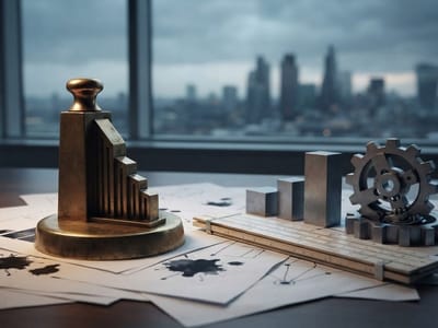 Metal miniature bar charts, gears, a folding ruler, and diagram papers sit on a wooden table in front of a large window overlooking a cityscape.