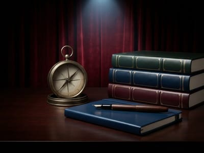 A brass compass, a stack of three leather-bound books, a closed blue notebook, and a fountain pen rest on a dark wooden surface before red curtains.