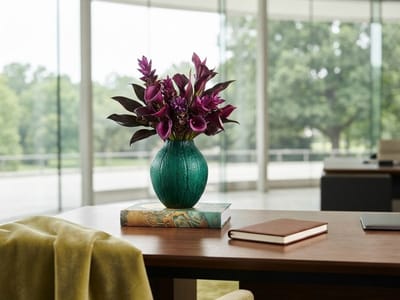 A wooden table in an office setting with a textured green vase filled with dark purple flowers resting on an art book, beside a closed brown notebook and a draped throw blanket.