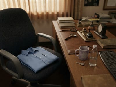 A folded light-blue dress shirt rests on an office chair next to a wooden desk arranged with vintage desk accessories, books, a mug, keys, and a keyboard.