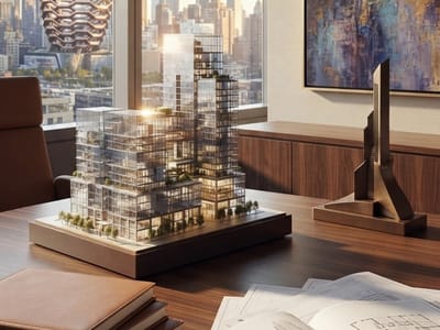 An architectural model of a modern multi-tower building sits on a wooden desk next to floor plan blueprints, notebooks, and a small sculpture, with a city skyline visible through large office windows.