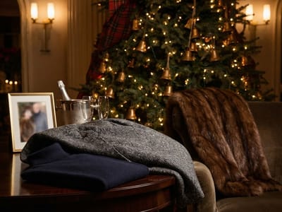A folded turtleneck sweater and a herringbone jacket rest on a round wooden table in front of a champagne bucket, an armchair draped with a fur coat, and a decorated Christmas tree.