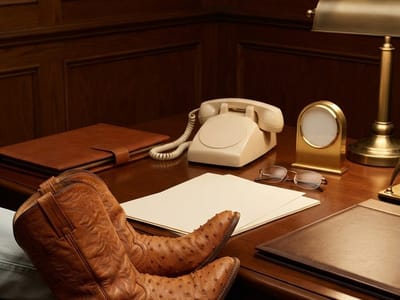 A pair of brown leather cowboy boots propped up on a wooden desk alongside blank sheets of paper, eyeglasses, a beige vintage telephone, folders, and a brass desk lamp.