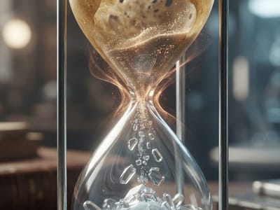 A close-up view of an hourglass with glowing sand flowing down through the center and transforming into clear crystals inside the lower glass chamber.