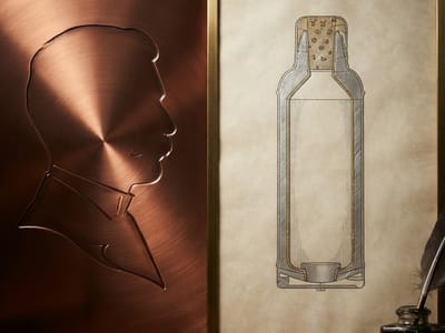 An embossed copper silhouette profile of a man is displayed next to an engineering cross-section sketch of a vacuum flask on parchment with an ink bottle and quill.