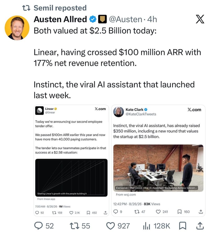 Tweet from Austen Allred comparing Linear and Instinct valuations, showing both at $2.5 billion with screenshots of company announcements