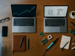 A view of two laptops symbolizing the investor vs. founder mindset,